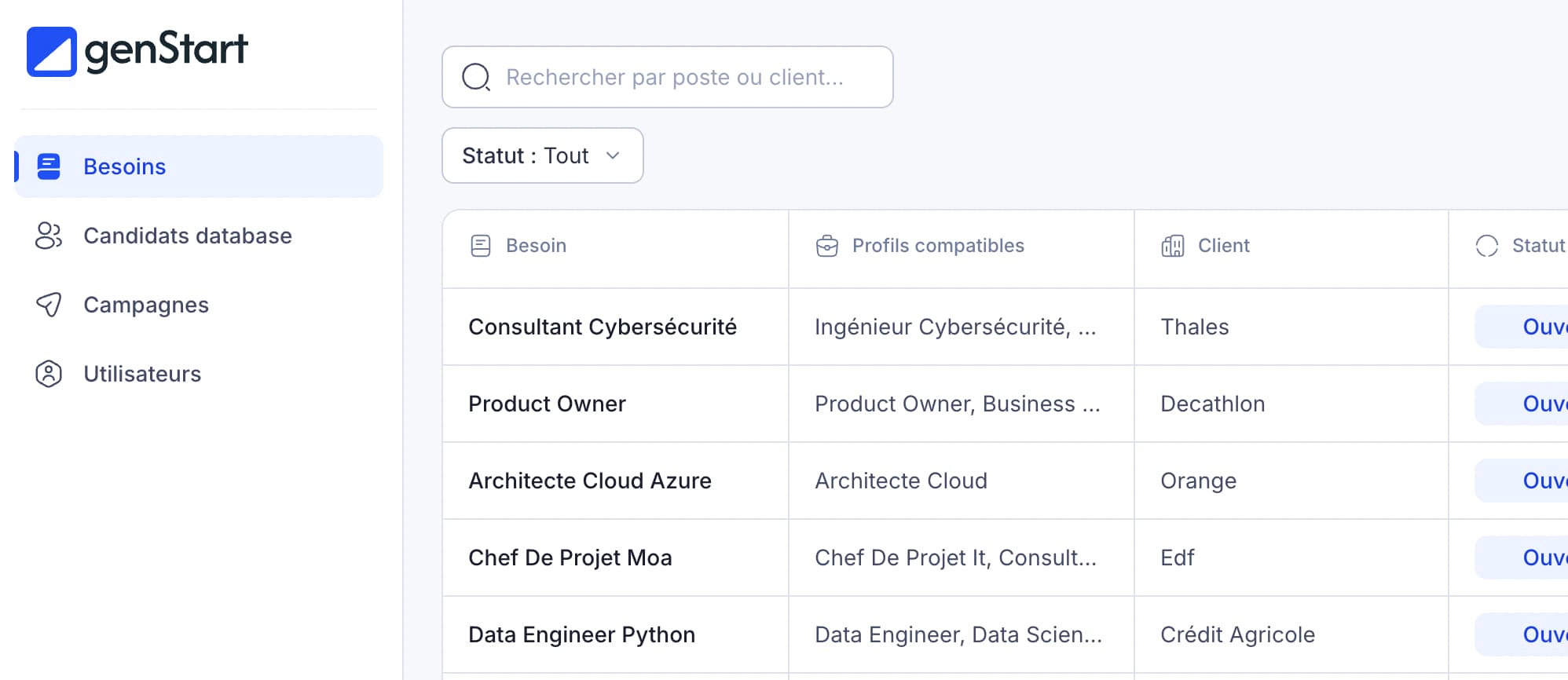 Écran GenStart — création des besoins clients